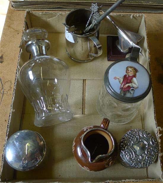 Silver collar decanter, silver chistening mug
